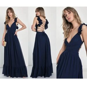 Lulus Soiree Celebration Navy Blue Ruffled Lace-Up Maxi Dress